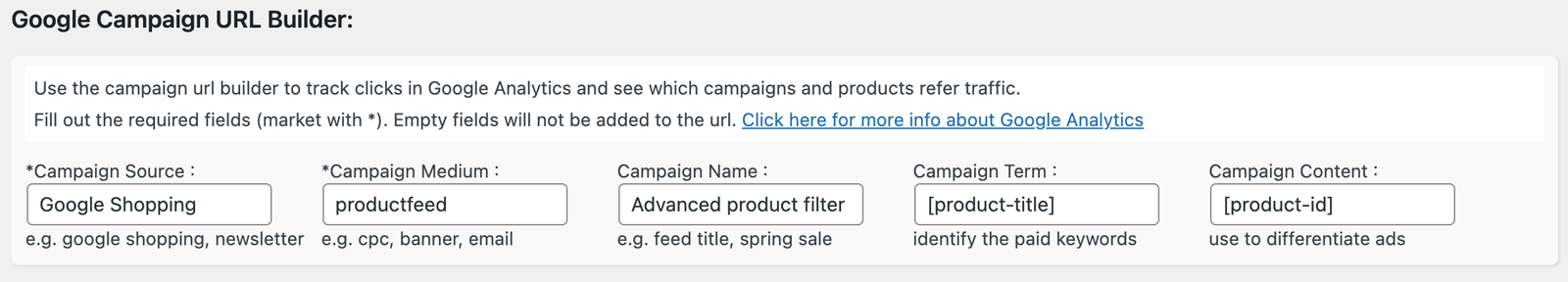 Google campaign builder to add UTM codes to product url