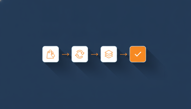 A sequence of three icons representing steps: a product feed, automation, and data structure, leading to a completed state.