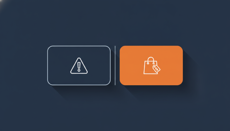 An illustration showing a warning sign icon on one side, representing an issue, and a shopping bag icon on the other side, representing a working solution, separated by a vertical line.