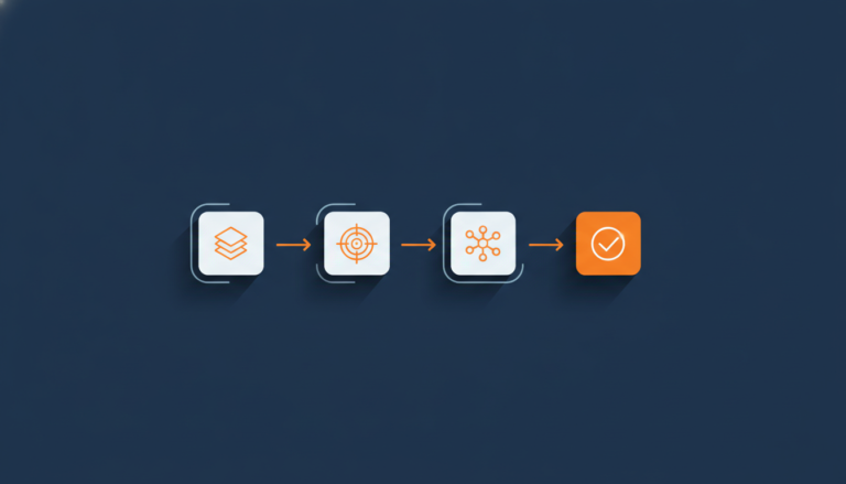 An illustration depicts a four-step process showing product analysis, audience targeting, channel alignment, and a successful completion.