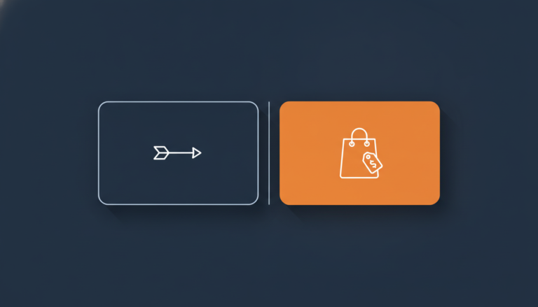 An illustration showing two rounded cards side by side, separated by a thin line. The left card contains an icon of an arrow missing a target, representing misdirected efforts. The right card contains an icon of a shopping bag with a small price tag, representing successful commerce.