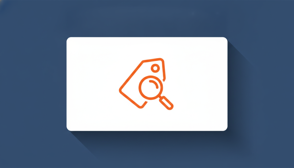 A large card displays a line icon of a price tag with a magnifying glass.