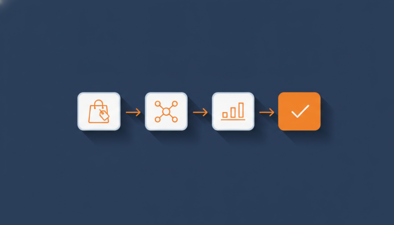 An illustration depicting a three-stage process, starting with a shopping bag, flowing into connected nodes, and ending with a bar chart, indicating a successful measurement outcome.